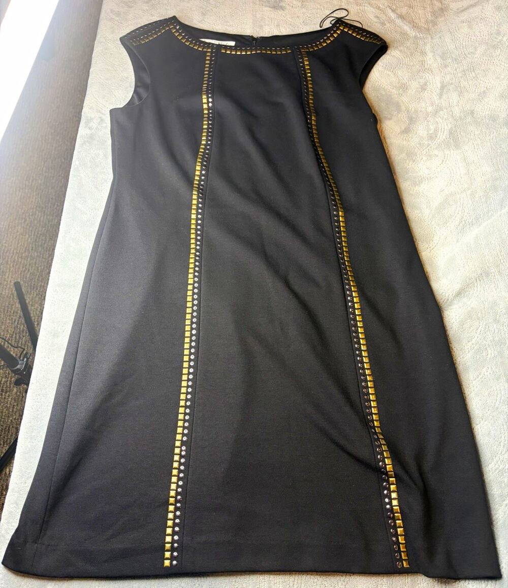 Maggy London Women's Black Studded Sheath Dress with Gold Hardware (Size 14)